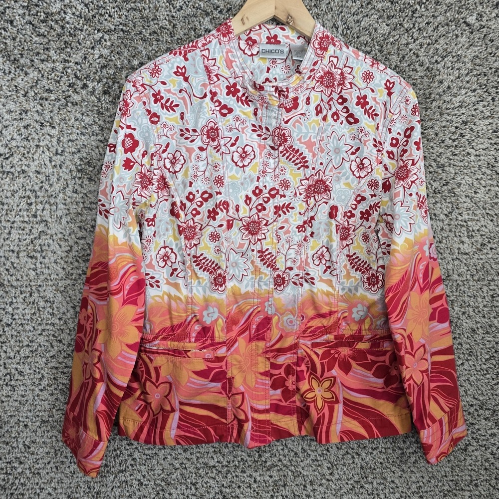 Chicos Jacket Womens 2 US Large Red‎ Floral Print Full Zip Lightweight Casual